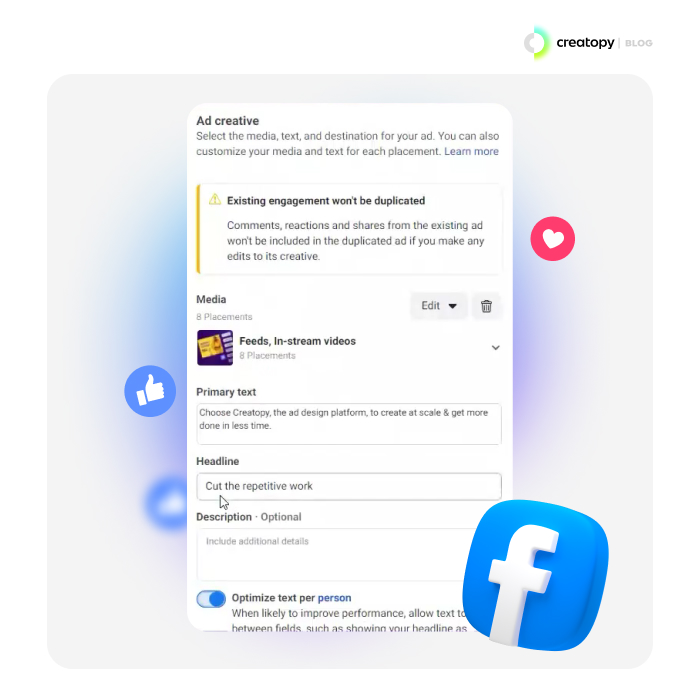 Facebook's Optimize Text Per Person Option