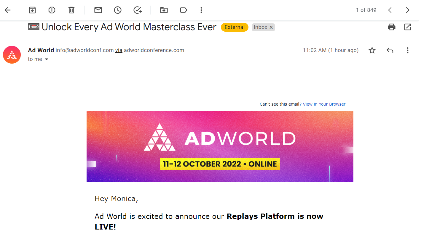 A screenshot of a Gmail ad for AdWorld, which came from the newsletter.
