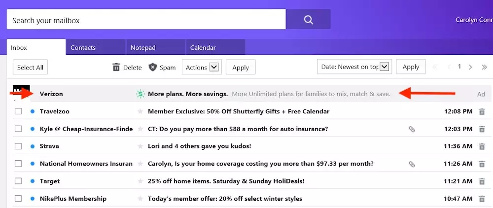 A screenshot of a sponsored email ad on Yahoo.
